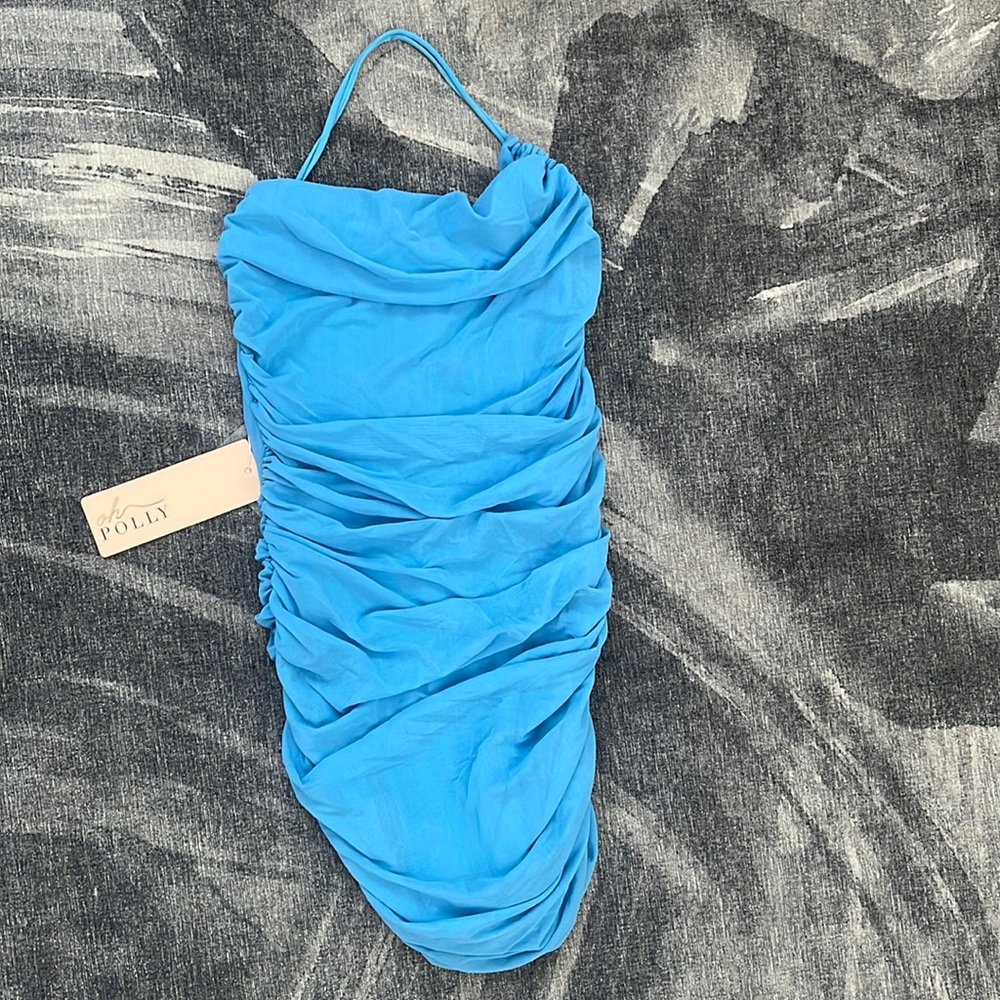 SKY BLUE RUCHED MESH BACKLESS MINI DRESS FROM OHPOLLY